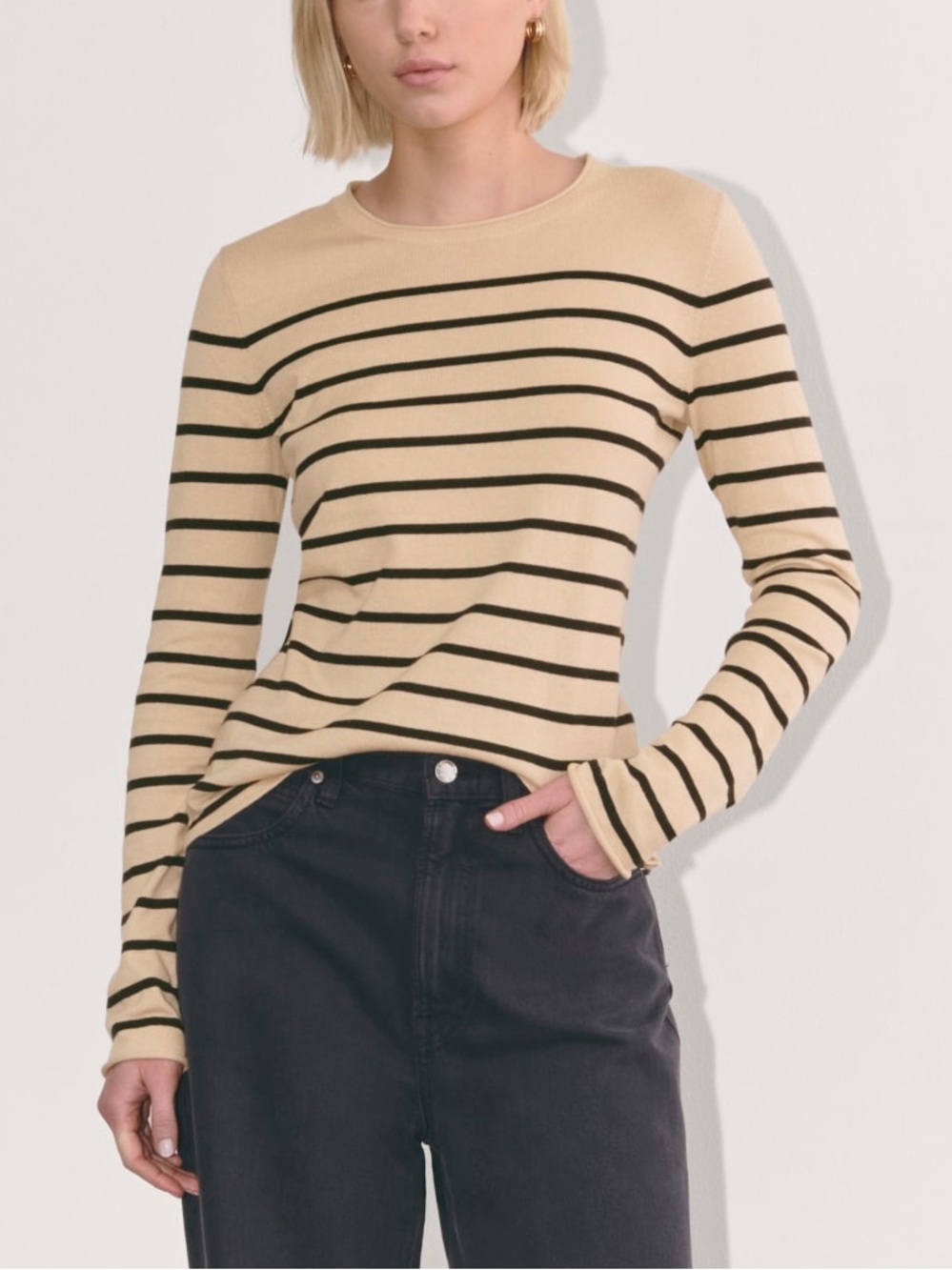 Everlane THE CREW IN COTTON CASHMERE tan black striped sweater size large
